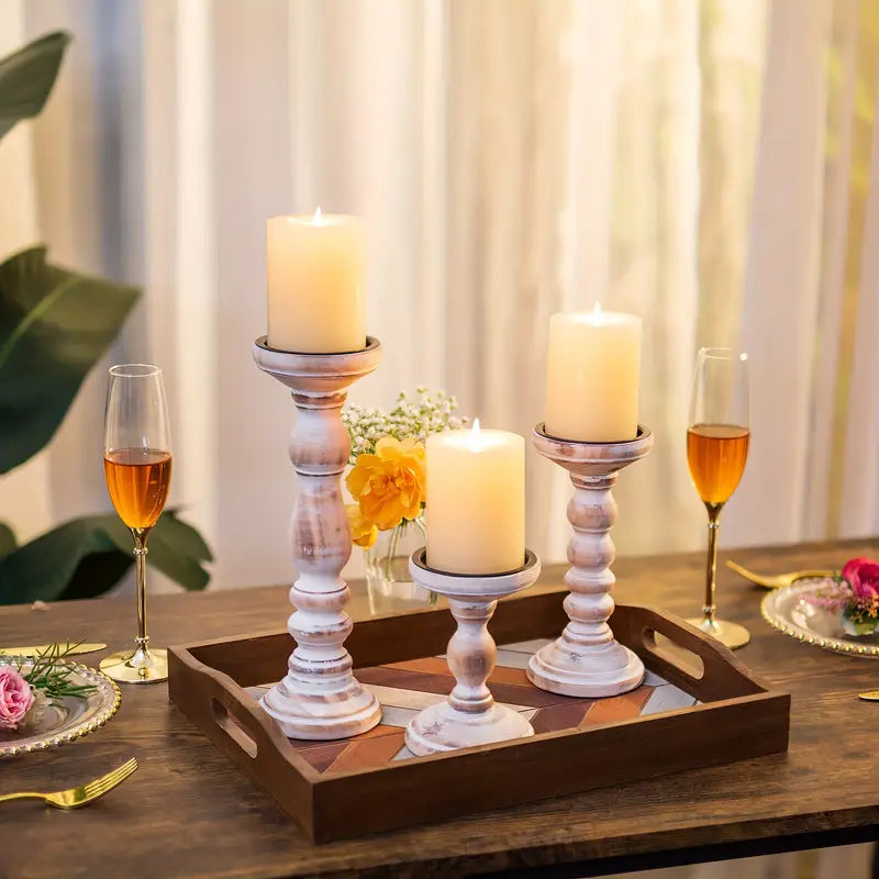 Rustic Wooden Candle Holders - Farmhouse Pillar Candle Stand Set