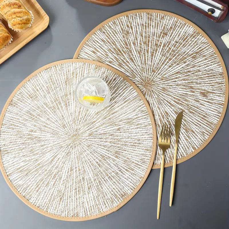 4PC Jute Firework Placemats – Handwoven Round Mats with Leather Edging