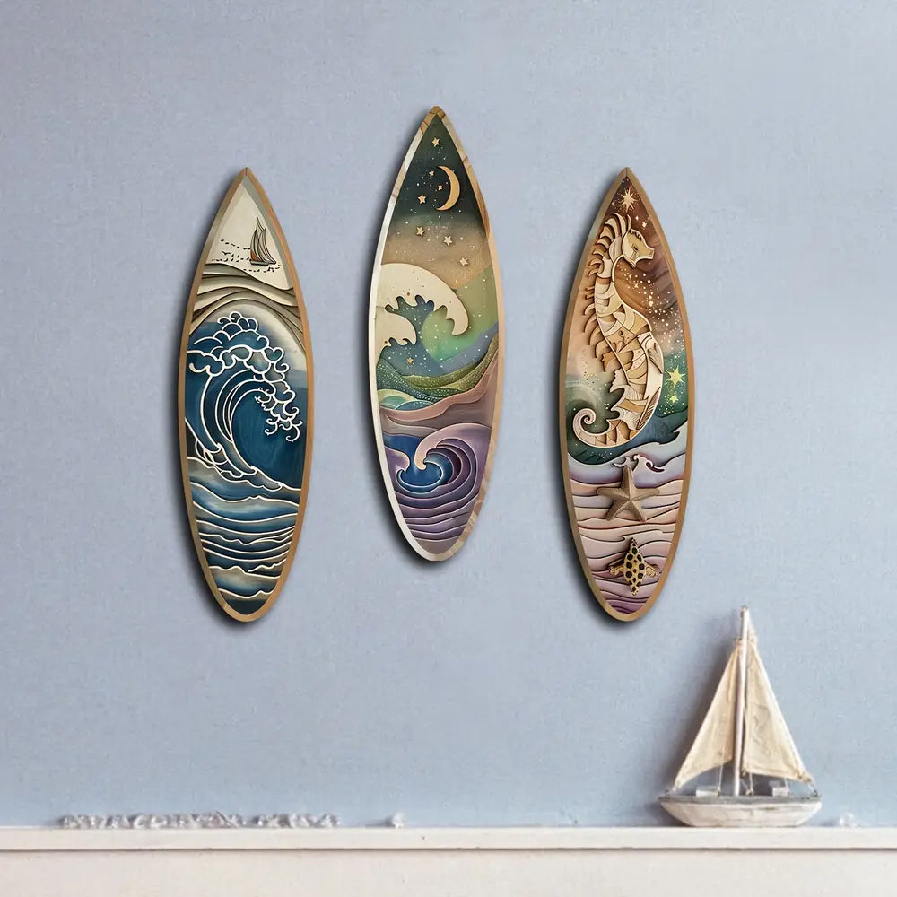 3pcs Boho Wooden Surfboard Wall Art Set with Sailboat, Seahorse, and Night Wave Patterns