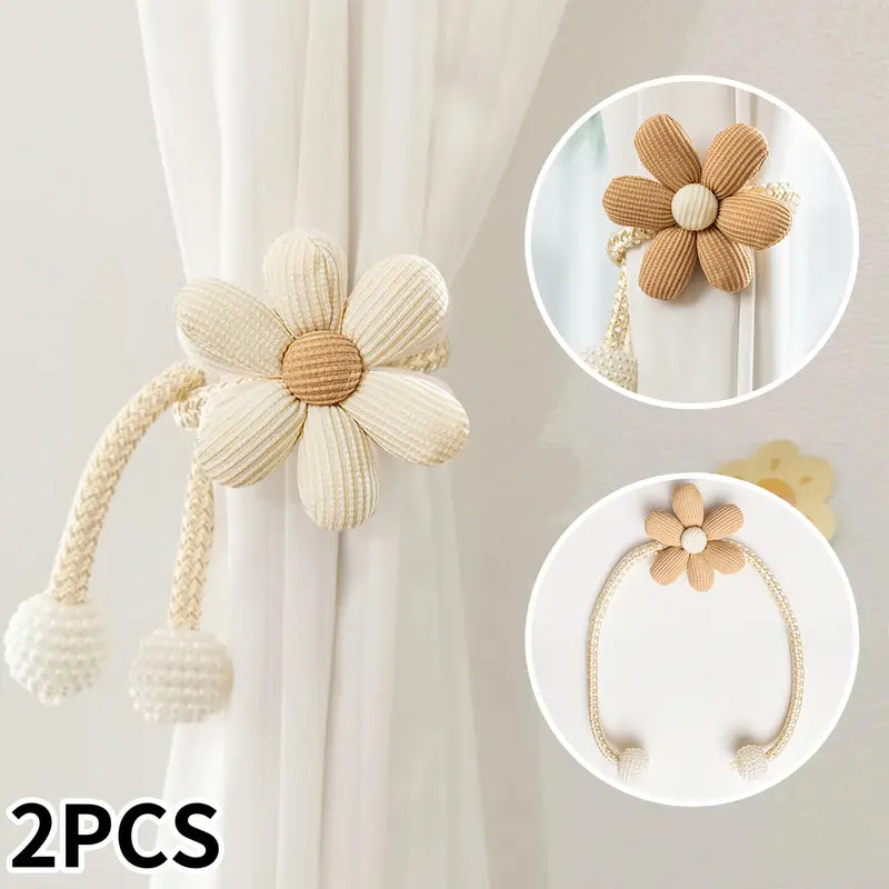 Embrasses de rideaux 3D à motifs floraux et perles, 2 pièces, réglables et sans perçage, pour chambre et bureau