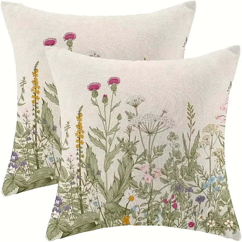 Lot de 2 housses de coussin en lin à motif de fleurs printanières, d'herbes vertes et de feuilles, 45,72 x 45,72 cm