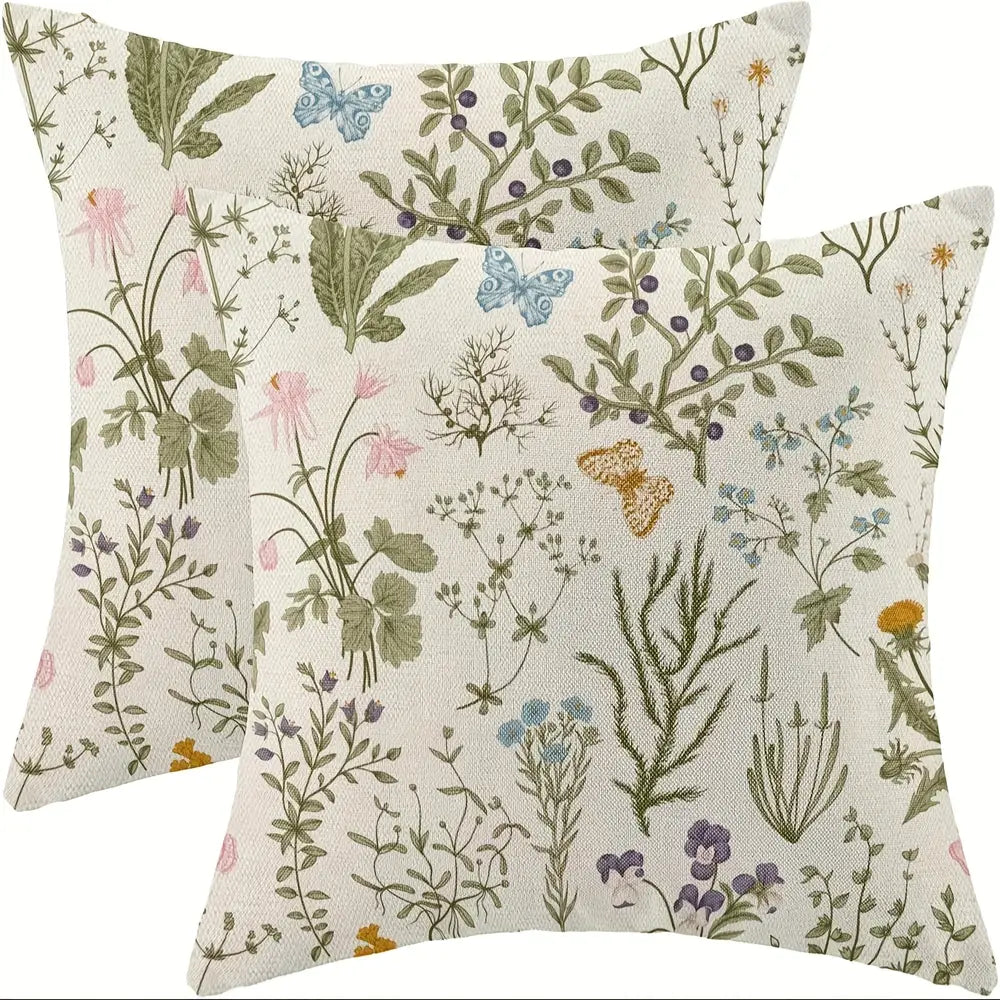 Lot de 2 housses de coussin printanières, motif fleurs sauvages vert sauge