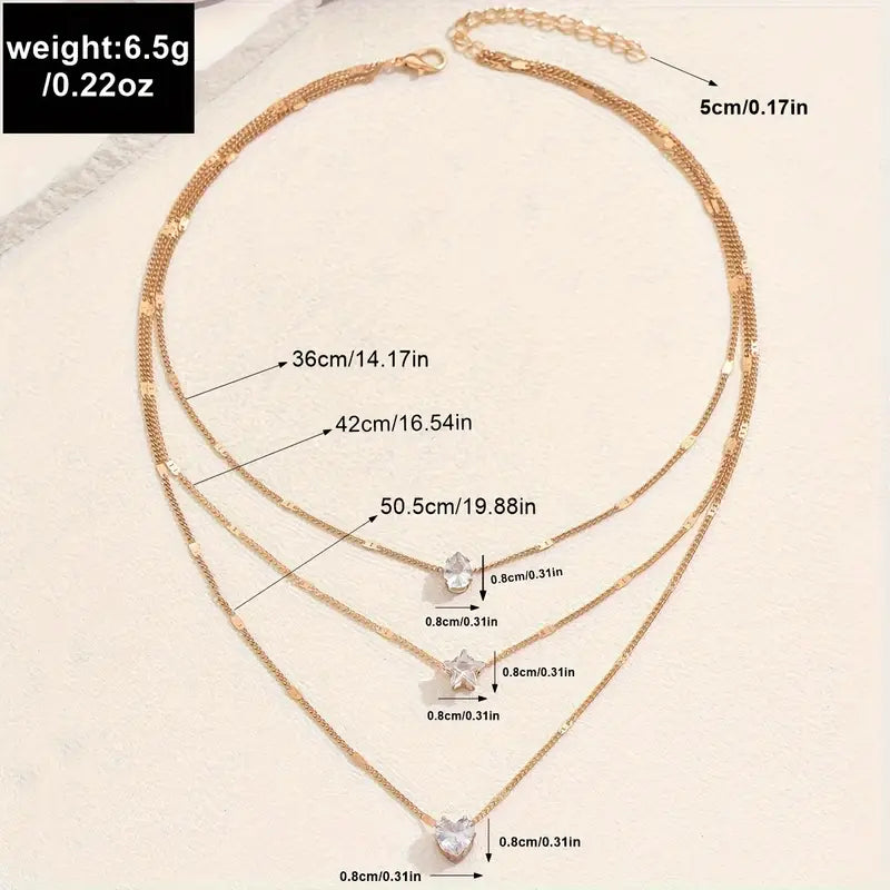 Elegant Multi-Layer Necklace – Star Heart & Teardrop Rhinestone Jewelry for Casual & Party Wear