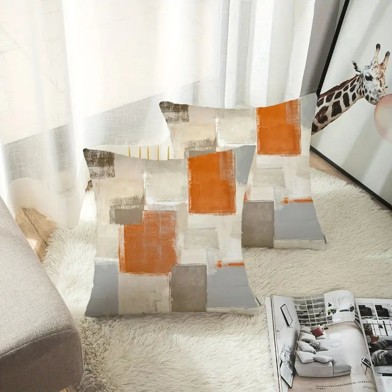 Lot de 2 housses de coussin décoratives abstraites orange, beige et gris – Housses de coussin décoratives modernes