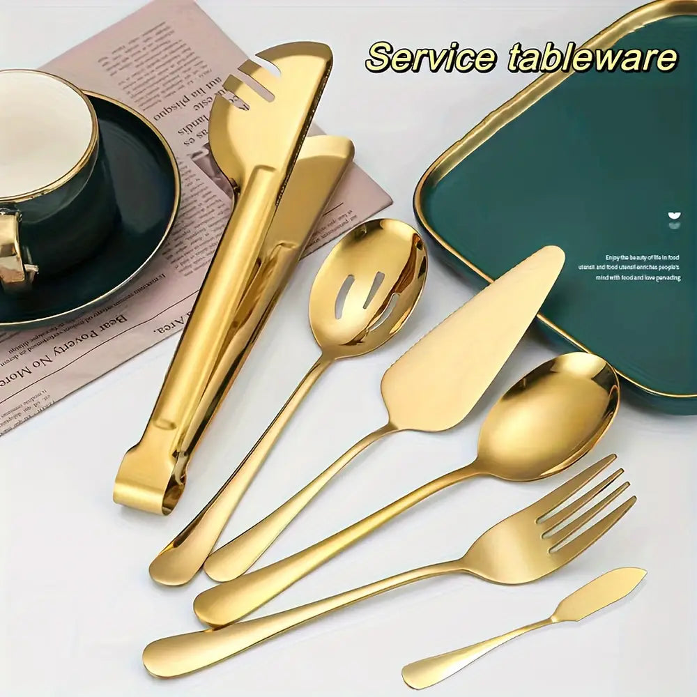 Set of 6 High-quality Stainless Steel Cutlery- Includes Tongs, Serving Spoon, Slotted Serving Spoon, Fork, Cake Shovel, And Butter Knife