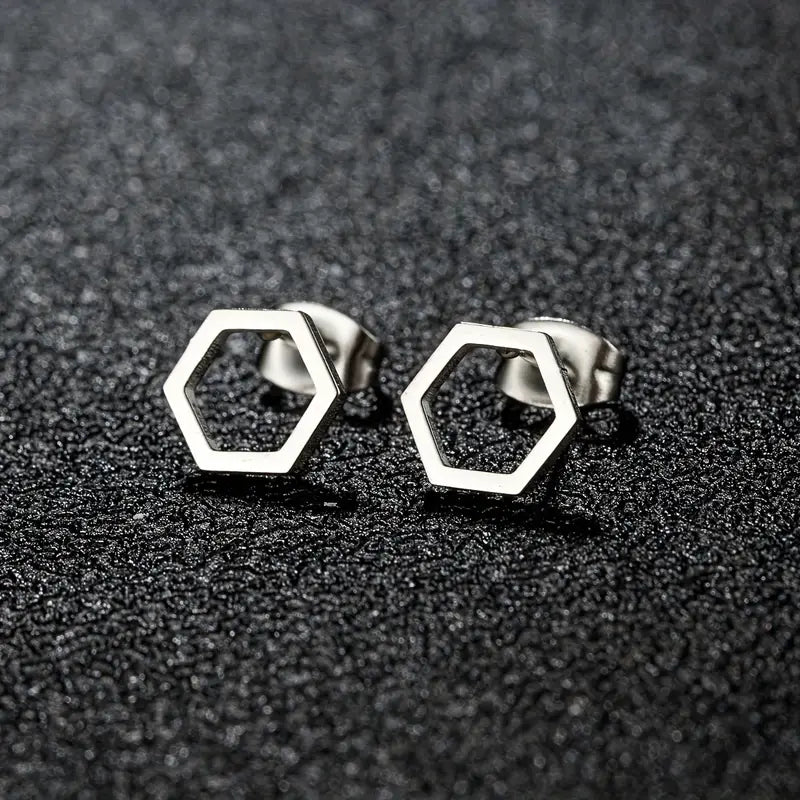 Minimalist Hexagon Stud Earrings – Stainless Steel Geometric Fashion Jewelry (1 Pair)
