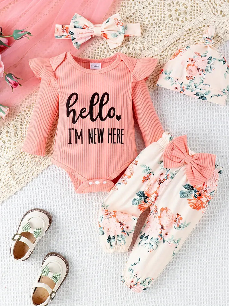 Newborn Girl Outfit | Letter Print Bodysuit, Ribbed Pants, Hat & Headscarf