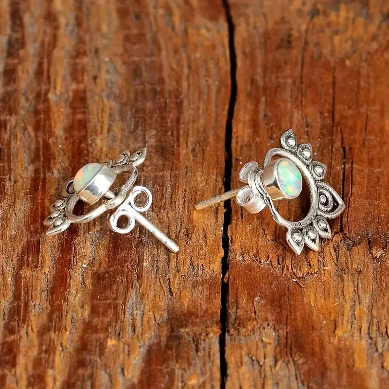 Lotus Stud Earrings Retro Bohemian Style with Gemstones