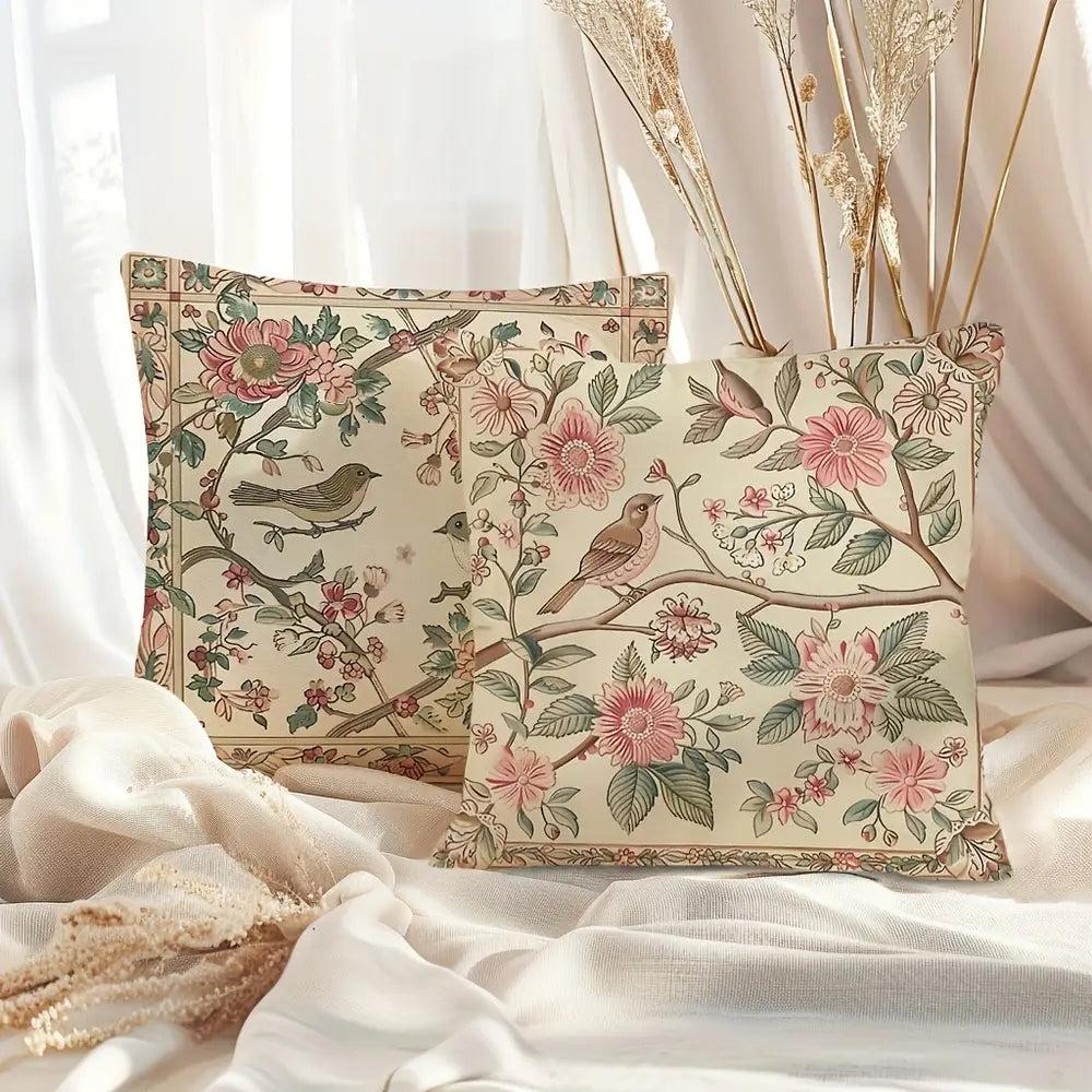 Lot de 2 housses de coussin décoratives à motifs de fleurs et d'oiseaux, 45,72 x 45,72 cm