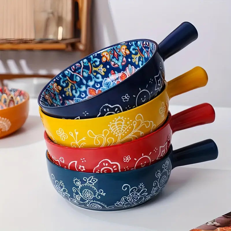Bohemian Ceramic Salad Bowl with Handle, 22.1 cm