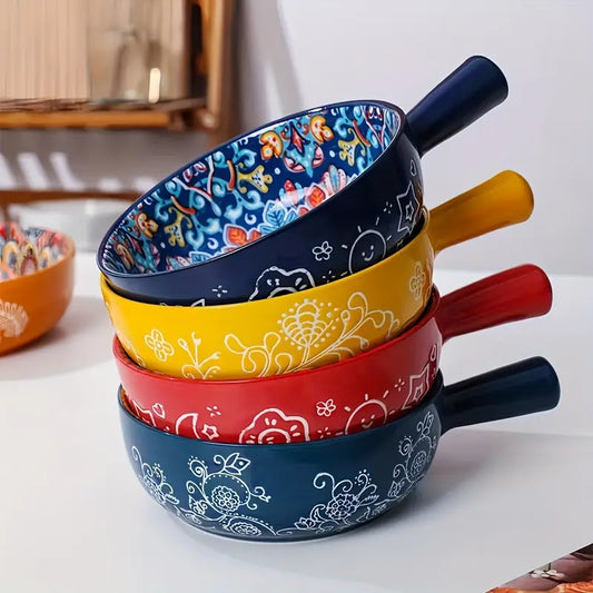 Bohemian Ceramic Salad Bowl with Handle, 22.1 cm