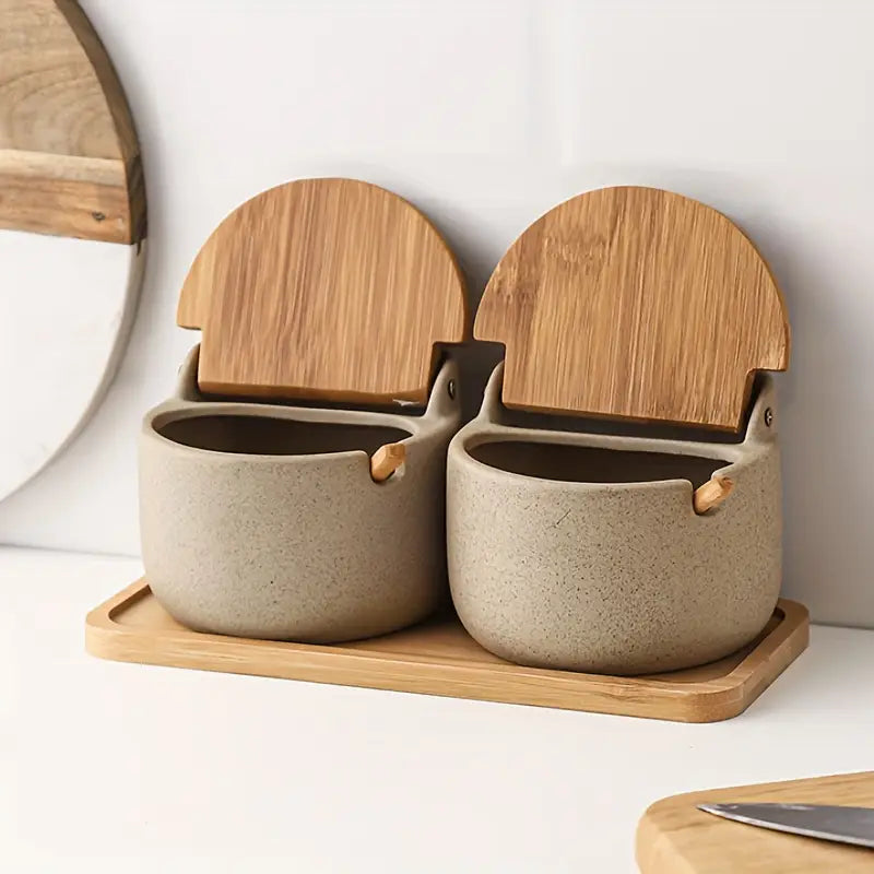 2PC Ceramic Seasoning Jars – Bamboo/Wood Lids – Salt & Spice Storage Set