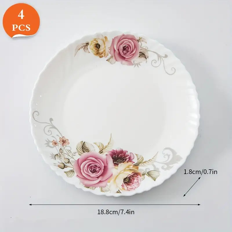 4PCS Tempered Opal Glass Plates – Rose Design, Dishwasher Safe Dinnerware