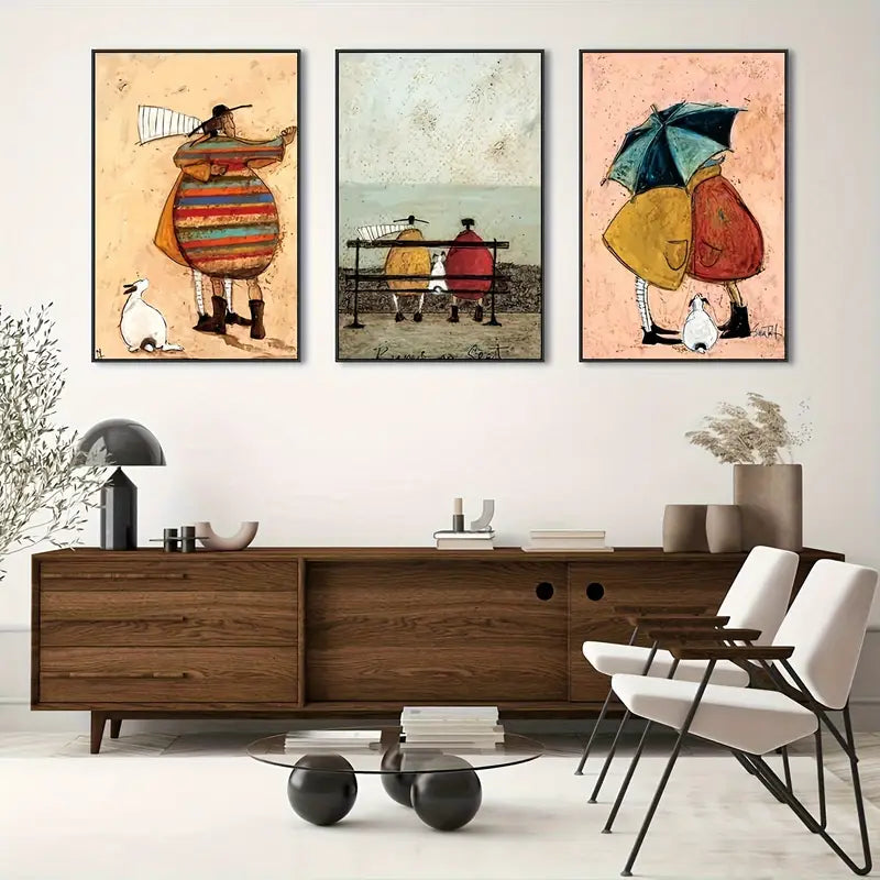 3 stuks abstracte canvas wanddecoratie met een koppel en huisdier – moderne oningelijste posterset voor thuis en als cadeau