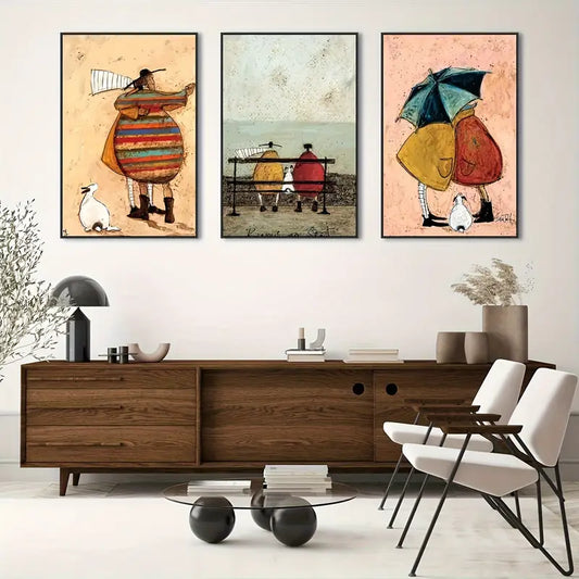 Lot de 3 toiles murales abstraites représentant un couple et un animal de compagnie – Ensemble d'affiches modernes sans cadre pour la maison et les cadeaux
