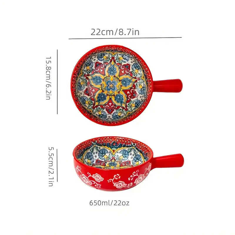 Bohemian Ceramic Salad Bowl with Handle, 22.1 cm
