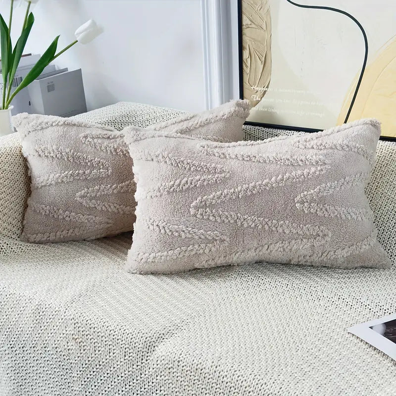 Lot de 2 housses de coussin en laine douce et moelleuse – Housses de coussin beiges pour canapé et lit