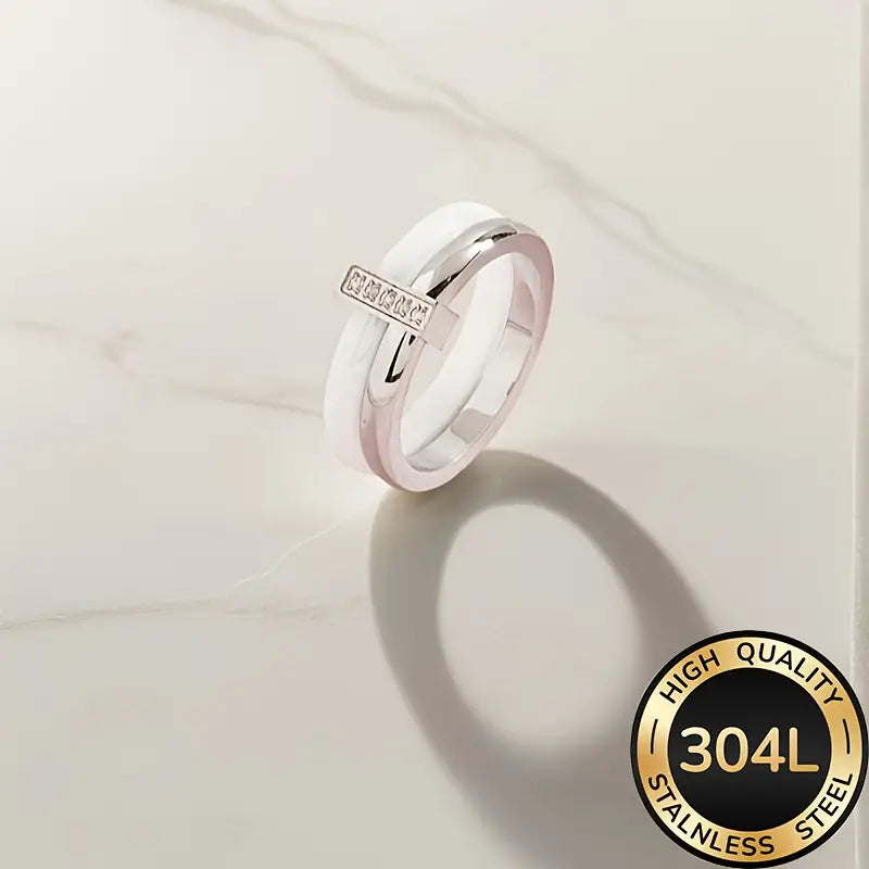 White Ceramic Ring Gold Plated CZ Wedding Band