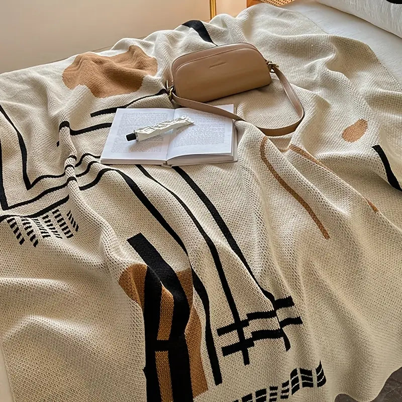 Geometric Knit Throw Blanket - Soft Acrylic Vintage Style