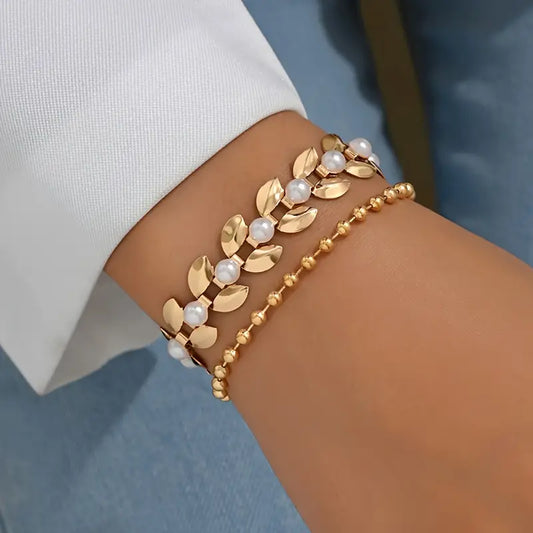 Wheat Shape Bracelet Set – Elegant Pearl Charm Bangles for Women