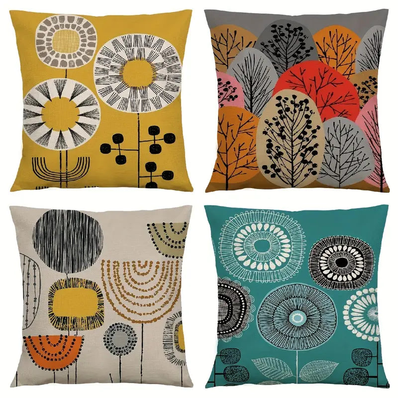 Lot de 4 housses de coussin géométriques abstraites en lin – Housses de coussin rétro en polaire pour canapé et lit