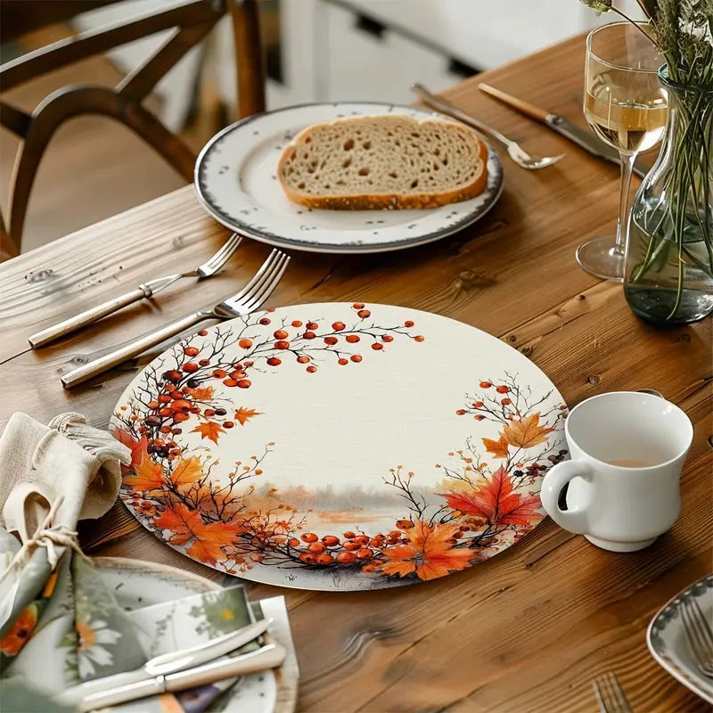 Round Linen Placemats - 4pcs Washable Rustic Berry Table Mats