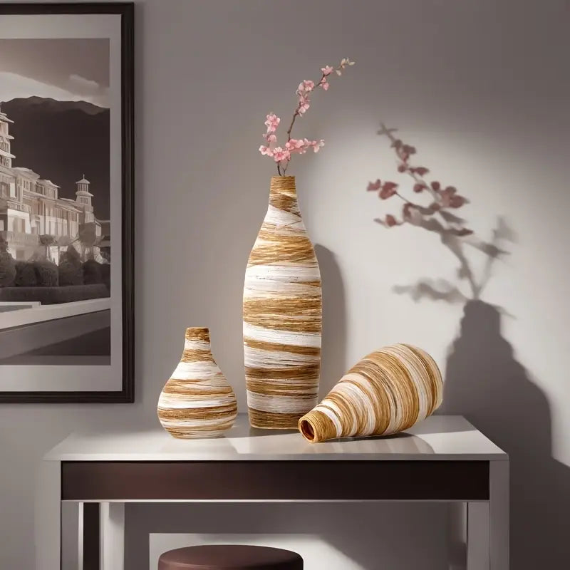Rustic Ceramic Vase Set - Handcrafted Striped Bud Vases for Home Decor