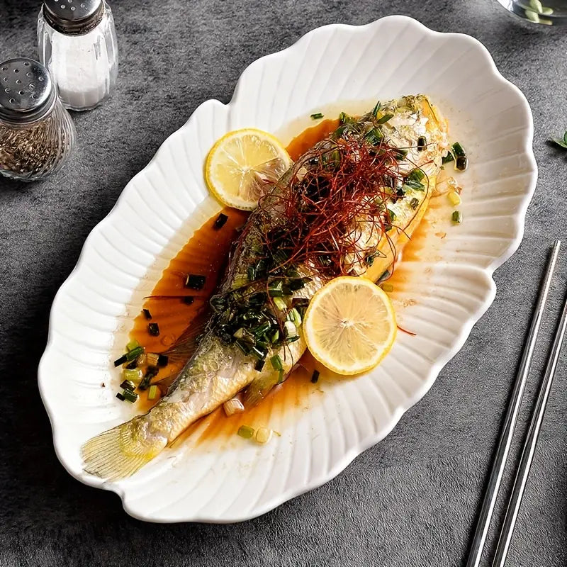 2PCS Oval Ceramic Fish Plates – Floral Serving Dishes for Dinner & Grill
