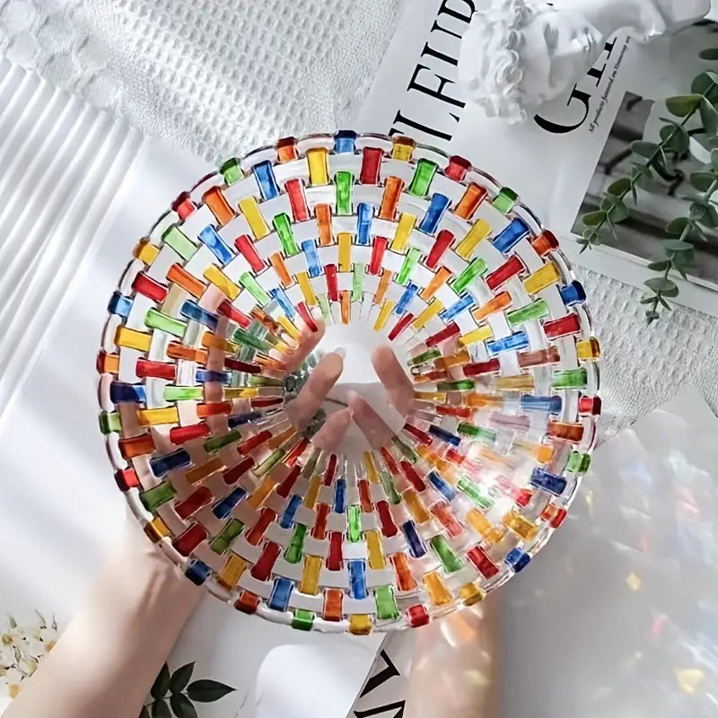 Hand-Painted Glass Fruit Bowl – Woven Crystal Plate for Living Room Decor
