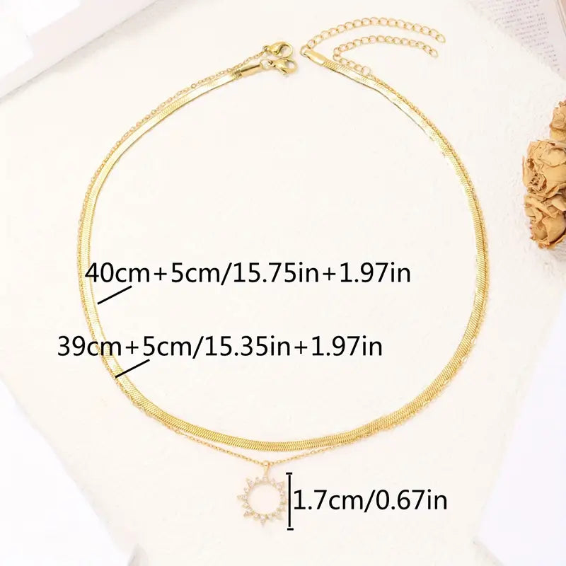 Zircon Sun Pendant Necklace - Stainless Steel Snake Chain Jewelry