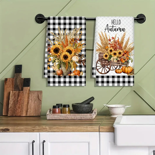 2pcs Autumn Harvest Kitchen Towels - Ultra Absorbent Microfiber, Sunflower & Pumpkin Design