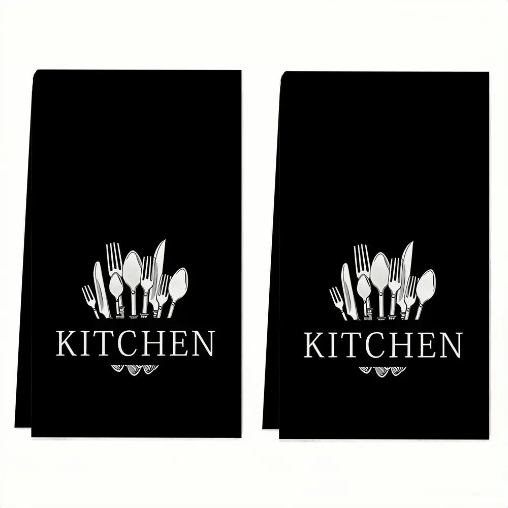 2pcs Soft & Absorbent Microfiber Kitchen Towels - Spoon & Fork Design