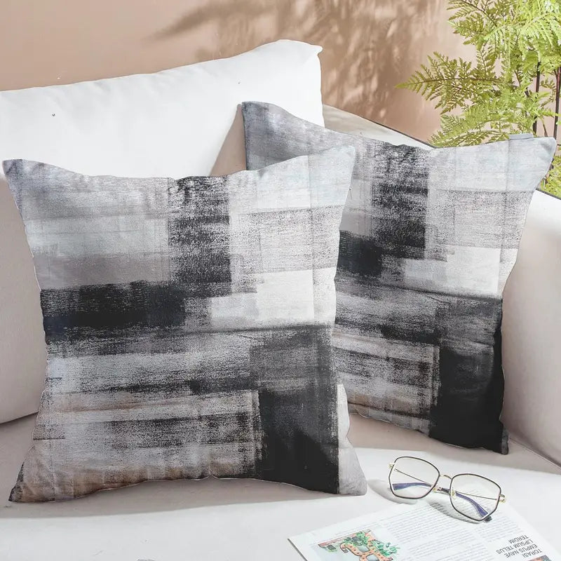 Lot de 2 housses de coussin contemporaines abstraites – Polyester doux noir et blanc