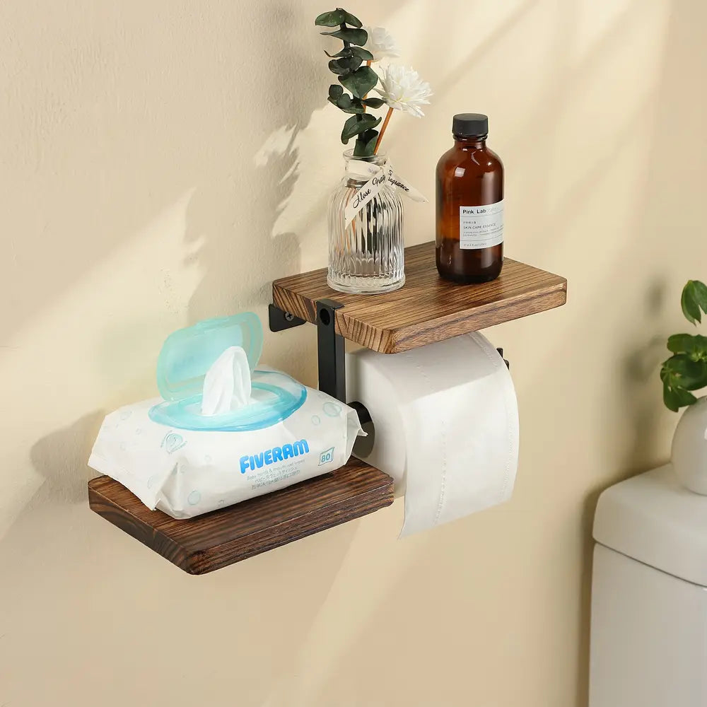 1 houten wandgemonteerde toiletrolhouder met plank