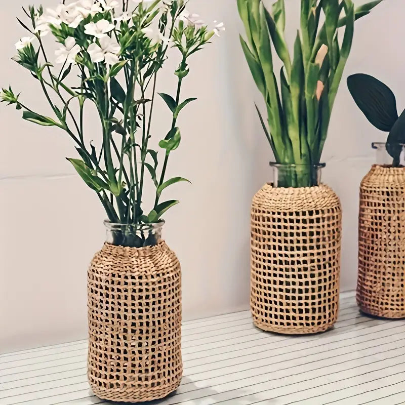 1 stuk Boho glazen bloemenvaas met rotan deksel
