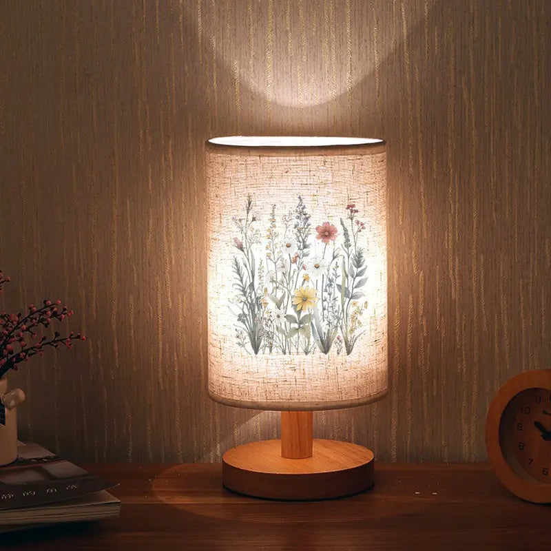 Floral Table Lamp - USB Powered, Warm Light, Wood Base
