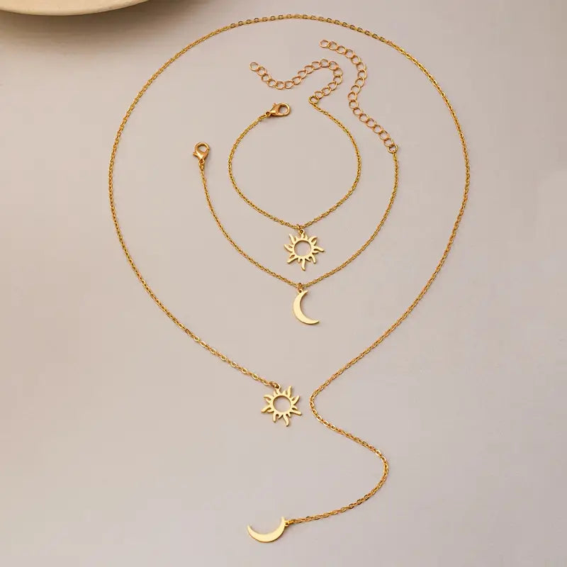 Sun & Moon Jewelry Set: Bracelet Necklace - Celestial Charm