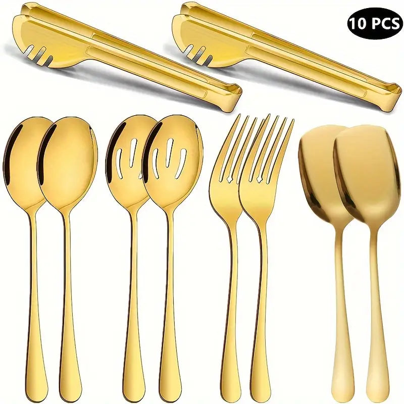 10-Piece Stainless Steel Serving Set - Includes 2 Serving Spoons, 2 Slotted Spoons, 2 Serving Forks, 2 Serving Spatulas, 2 Tongs