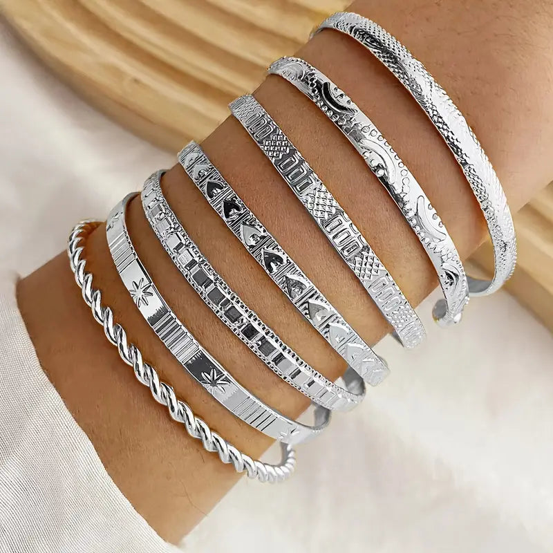 7pcs Vintage Open Cuff Bracelet Set – Geometric & Arrow Pattern Adjustable Bangles
