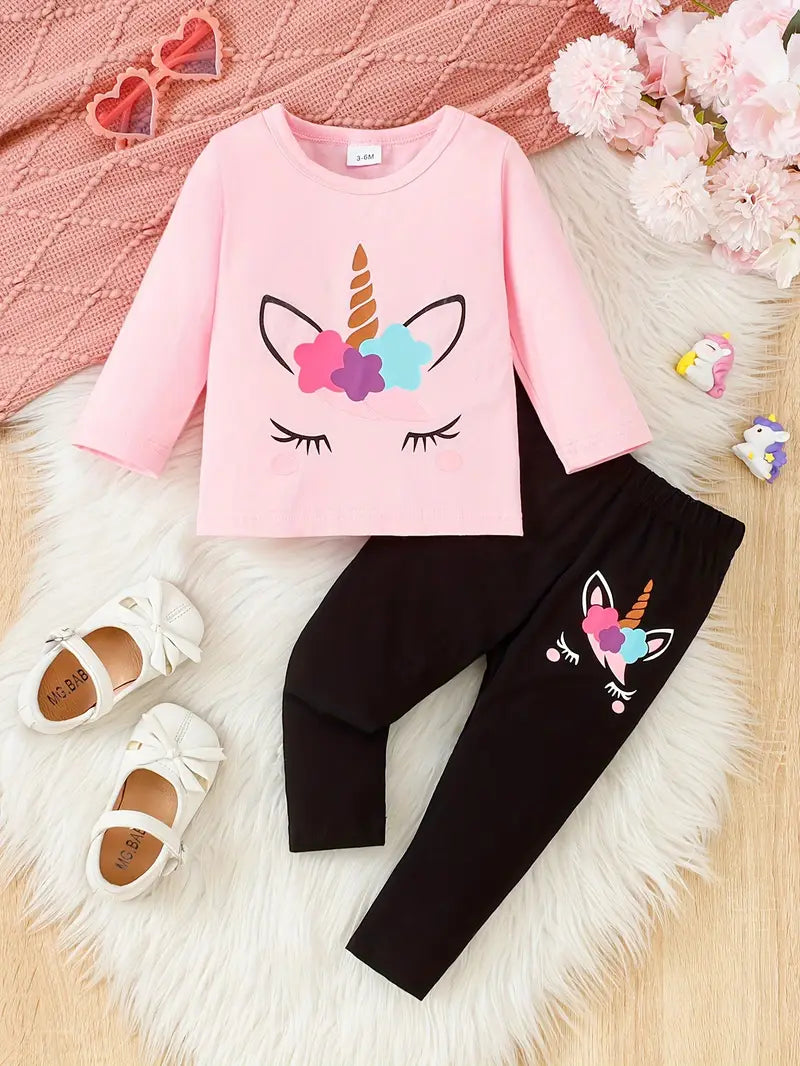 Ensemble en coton pour petite fille | Haut à manches longues et pantalon uni – Extensible et lavable en machine