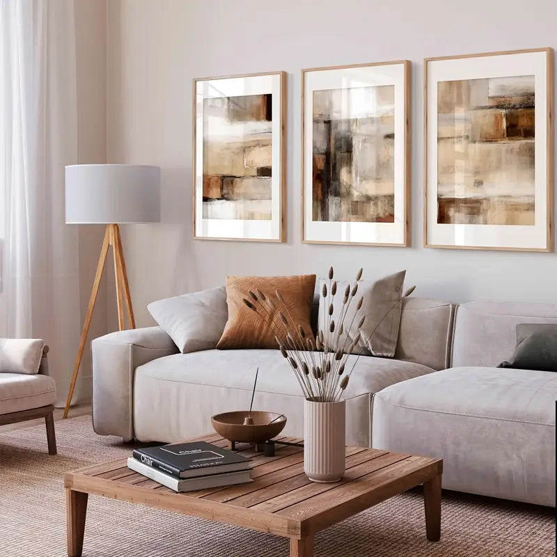Moderne neutrale abstracte schilderijenset - 3 stuks beige en bruine Scandinavische wandkunstprints