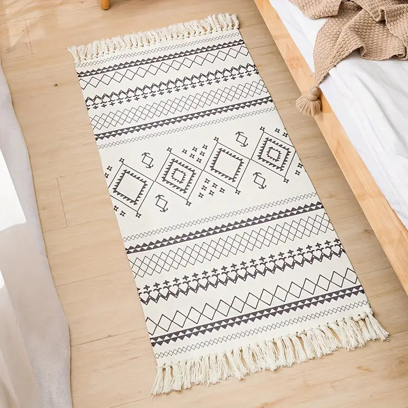 Bohemian Geometric Handwoven Area Rug - 1pc Washable Runner with Tassels