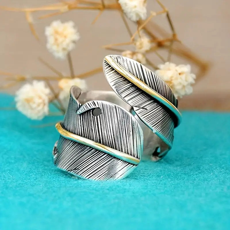 Vintage Feather Ring - Adjustable Open Band Jewelry Gift