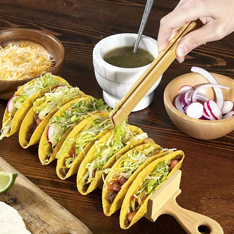 Wooden Taco Holder Rack – Holds 7 Tacos, Bamboo Stand for Parties & Restaurants