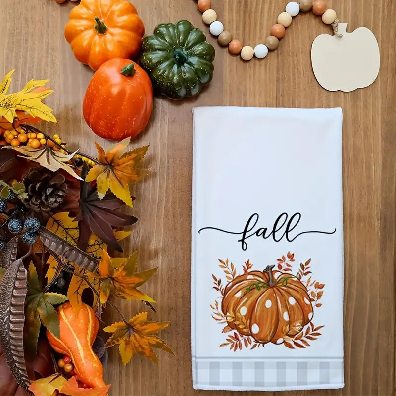 2-pack moderne herfstkeukendoeken, oranje pompoen & grijs buffelruitmotief