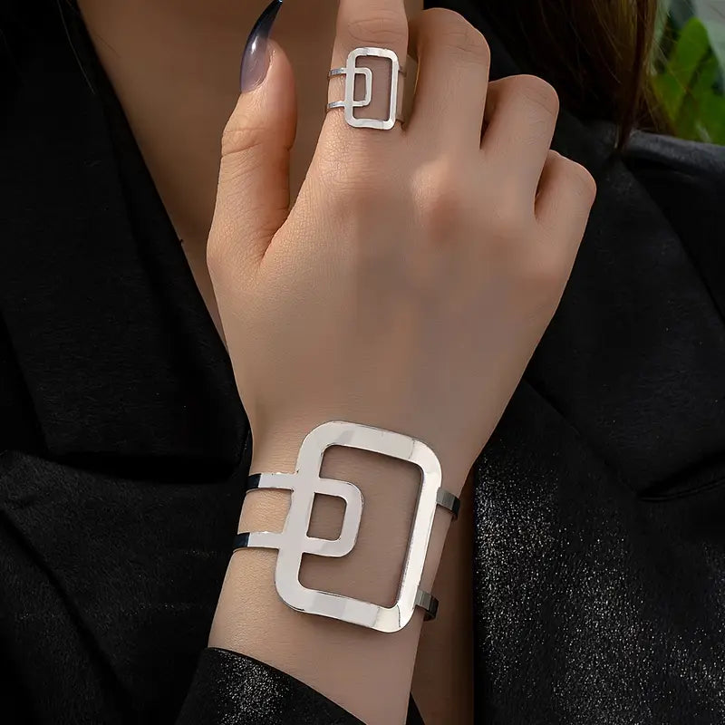 Bohemian Hollow Geometric Cuff Bracelet & Ring Set – Fashion Jewelry for Women