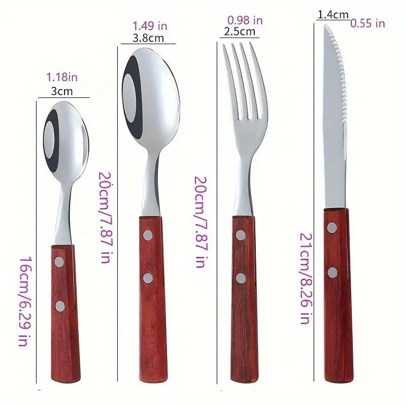 16-Piece Stainless Steel Flatware Set with Imitation Pear Flower Wooden Handles