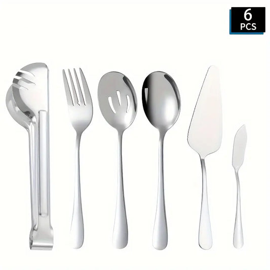Ensemble de 6 couverts en acier inoxydable de haute qualité - Comprend une pince, une cuillère de service, une cuillère de service à fentes, une fourchette, une pelle à gâteau et un couteau à beurre