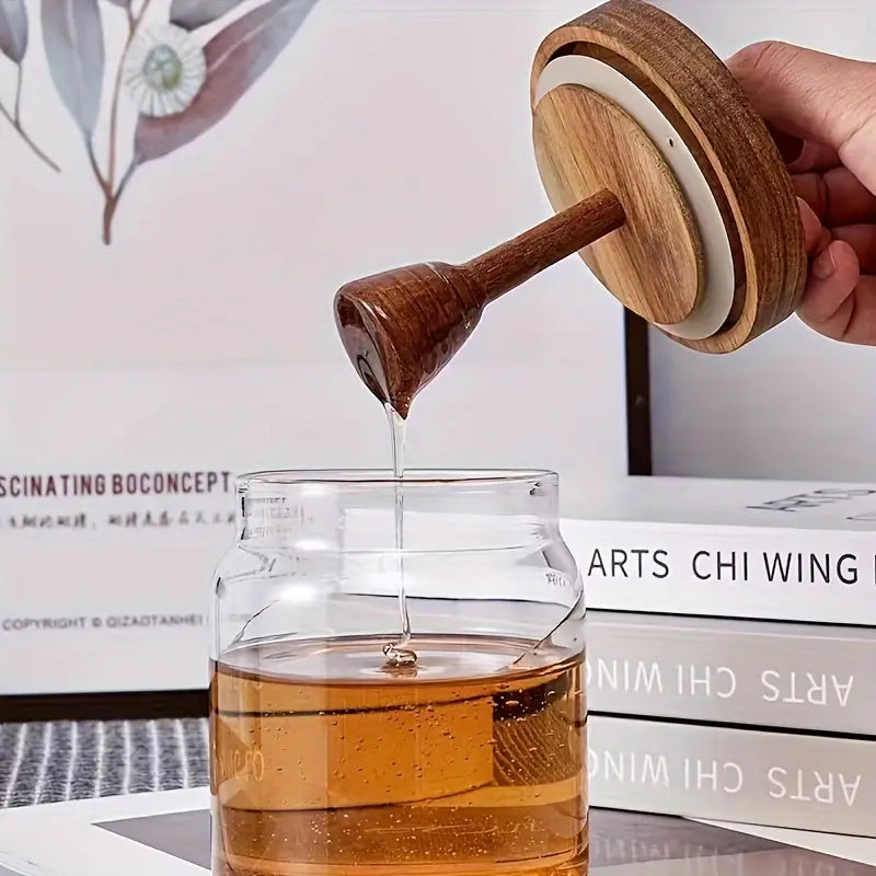1PC Glass Honey Jar with Wooden Lid & Dipper – Sealed Borosilicate Storage