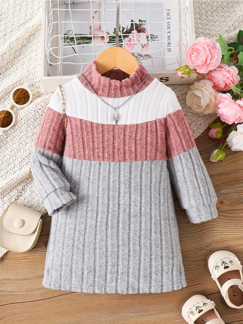 Robe à col roulé et blocs de couleurs pour fille | Tenue décontractée confortable et extensible à manches longues